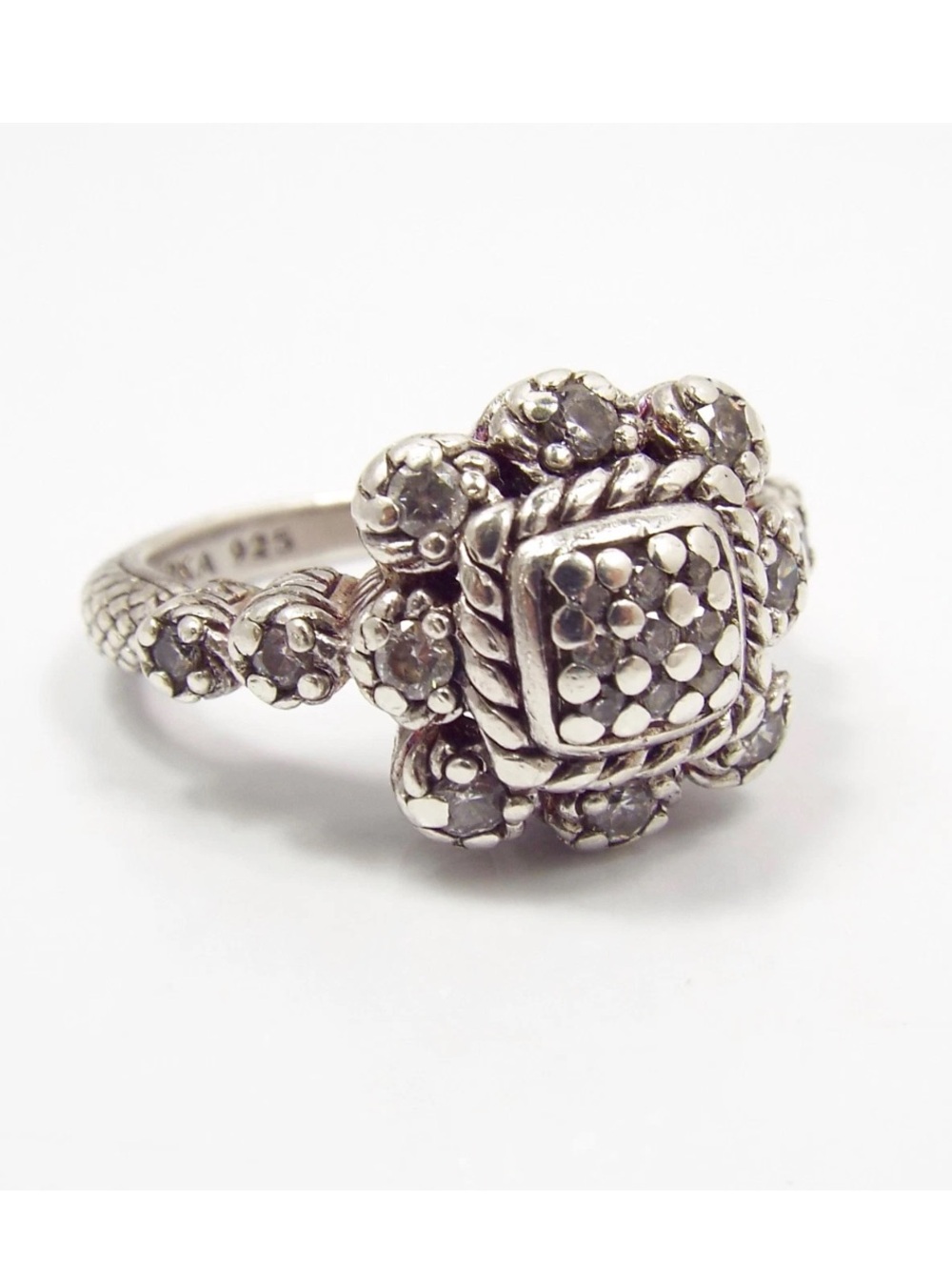 Judith Ripka Sterling Silver Square Flower Cluster CZ Size 7 9.1g